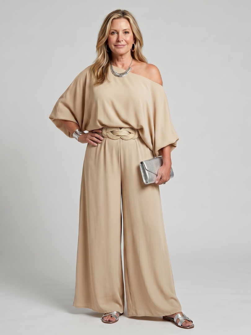 Women's One Shoulder Summer Pants Set – Beige