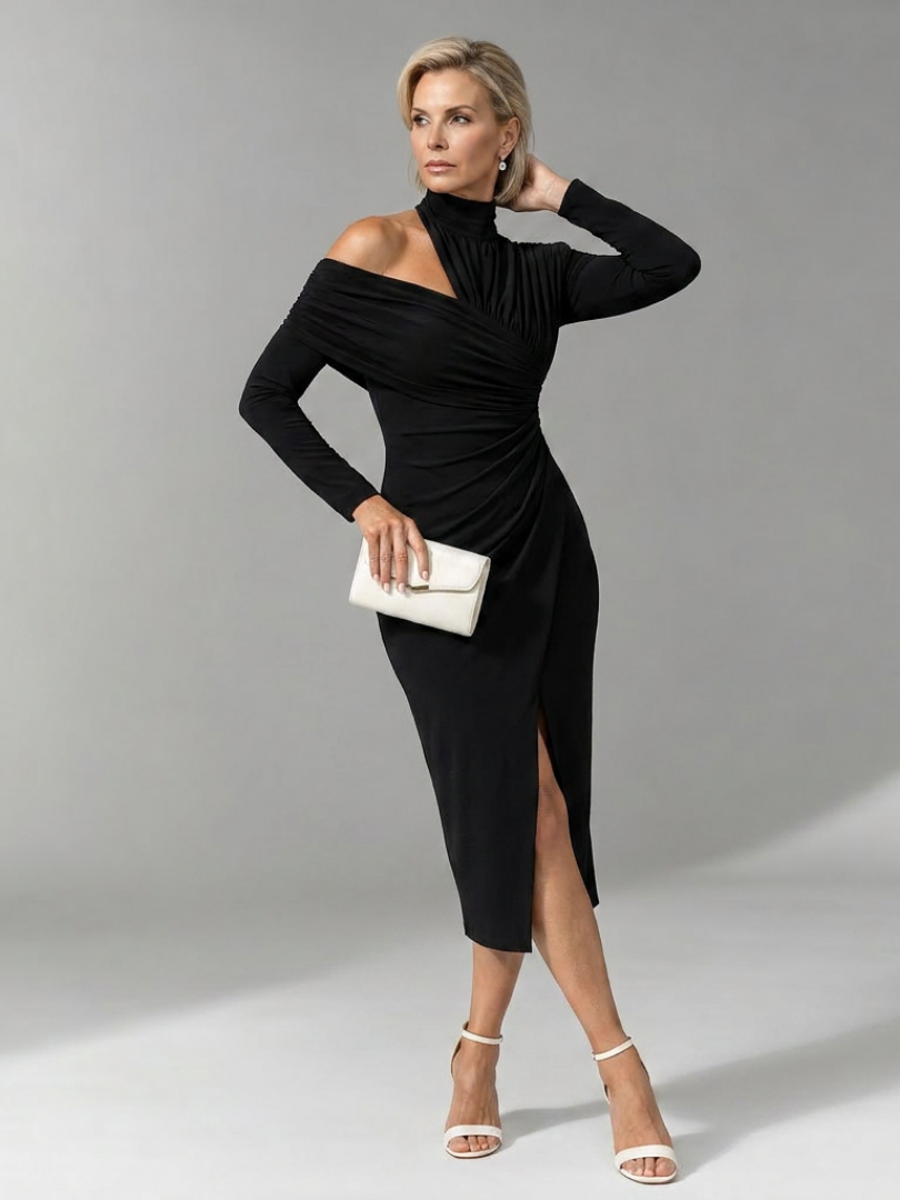 Women's One Shoulder Cocktail Midi Dress – Black
