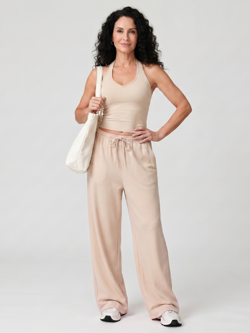 Women's Scoop Neck Sleeveless Summer Pants Set – Beige