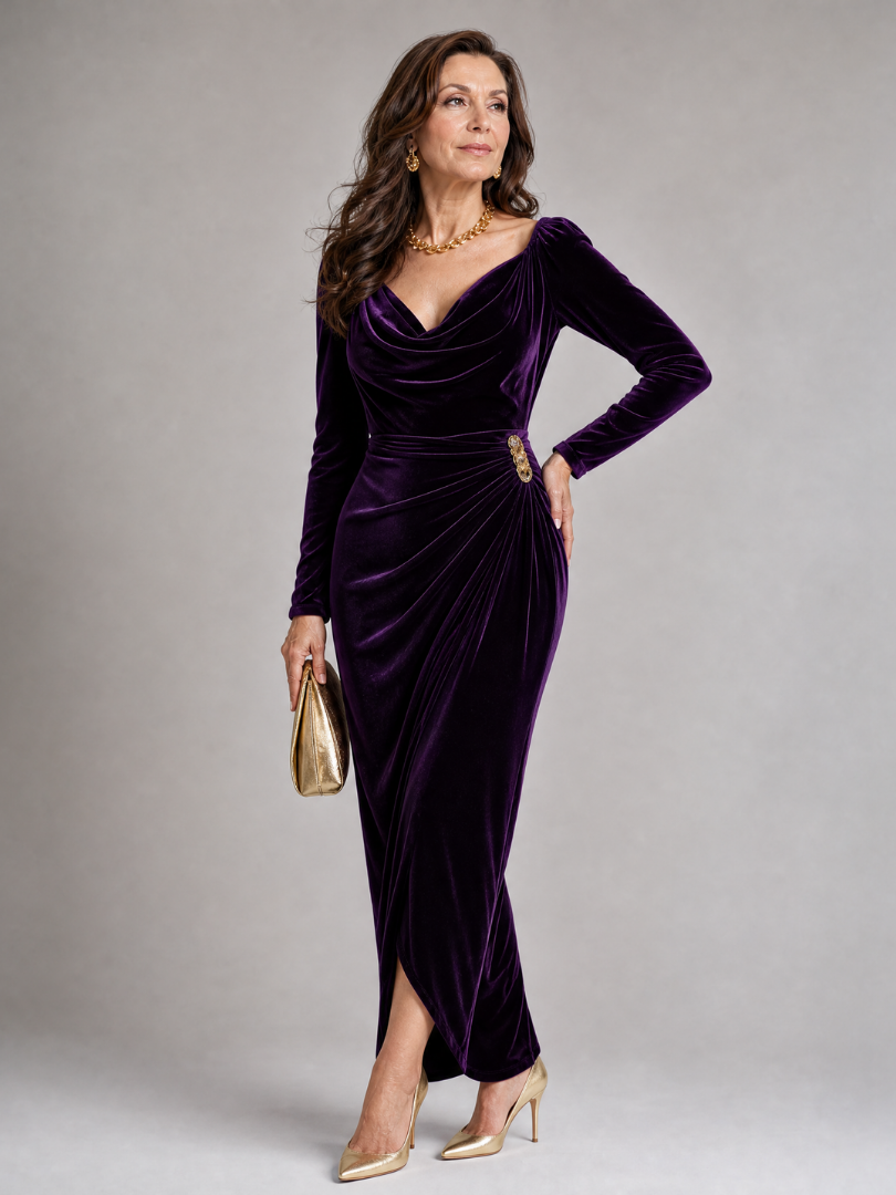 Women's Cowl Neck Cocktail Midi Dress – Purple