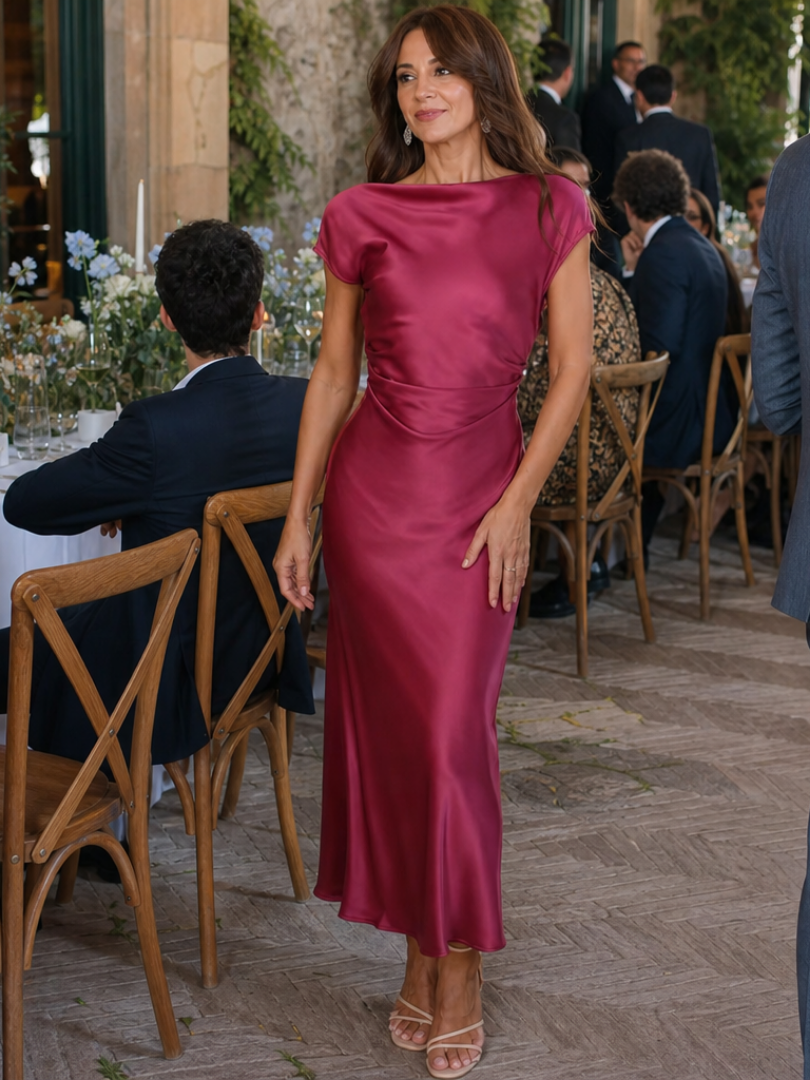 Women's Boat Neck Wedding Guest Midi Dress – Burgundy