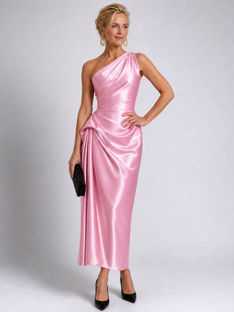 Women's One Shoulder Cocktail Midi Dress – Pink