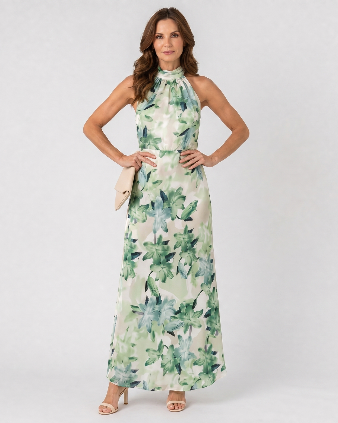 Women's Halter Wedding Guest Midi Dress – Green