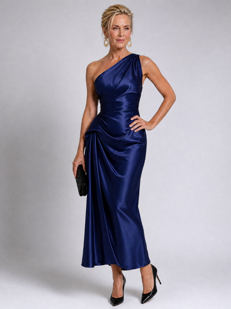 Women's One Shoulder Cocktail Midi Dress – Navy