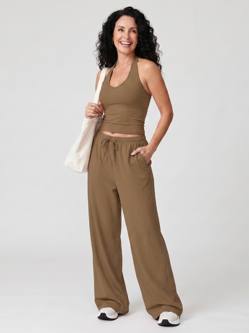 Women's Scoop Neck Sleeveless Summer Pants Set – Brown