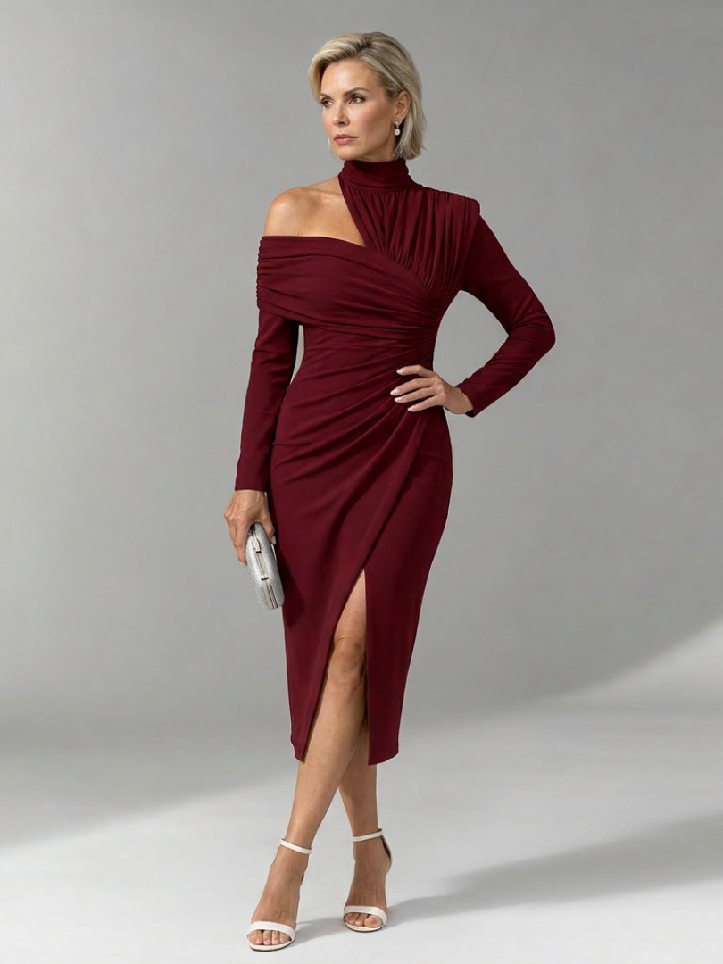 Women's One Shoulder Cocktail Midi Dress – Red