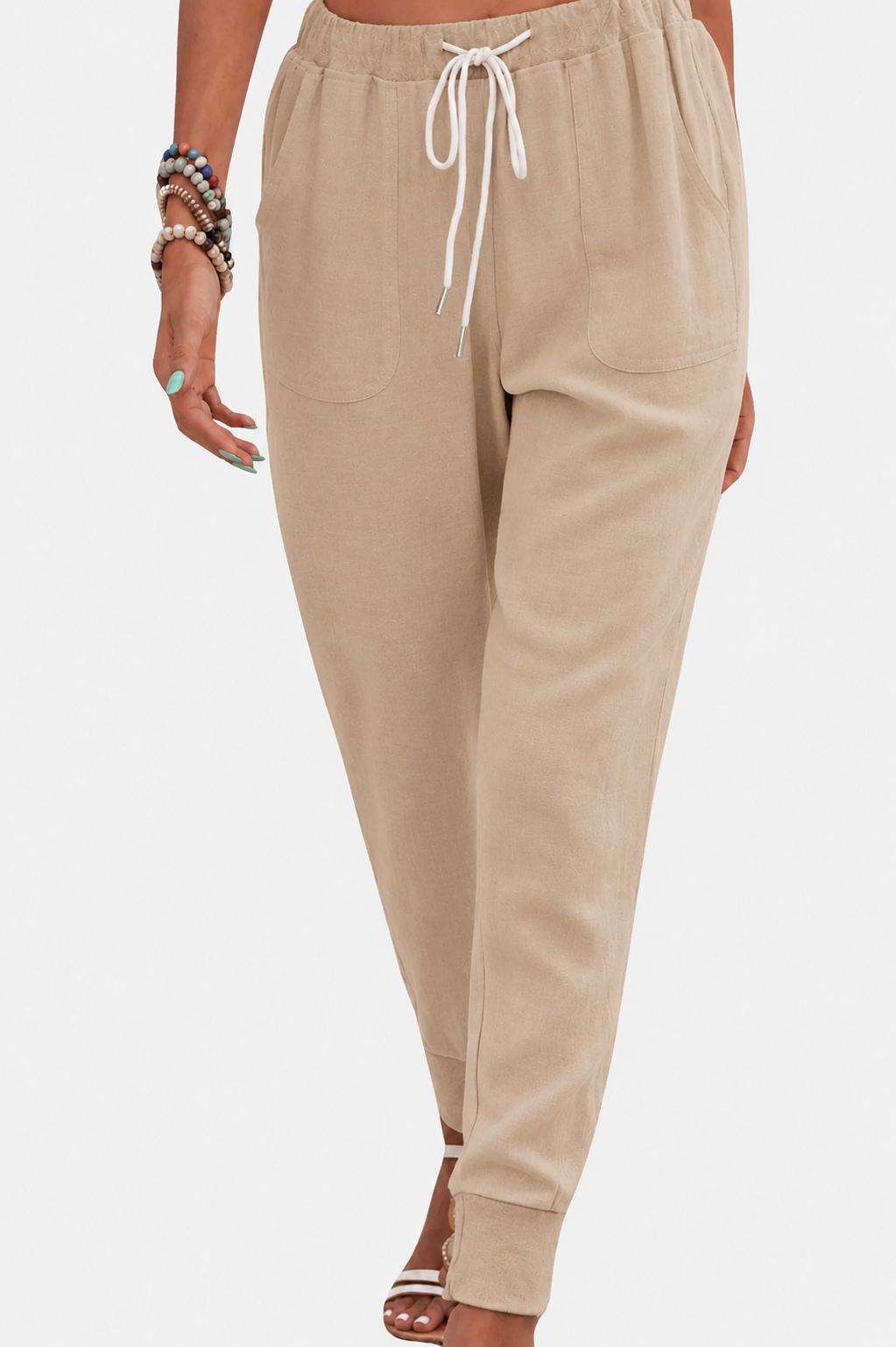Women's Tapered Drawstring Joggers – Beige