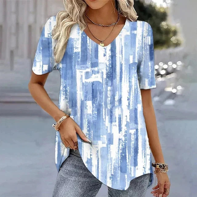 Women's V Neck Short Sleeve Blouse – Blue