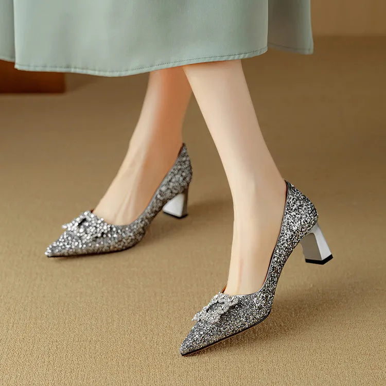 Women's Block Heel Pointed Toe Heels – Silver