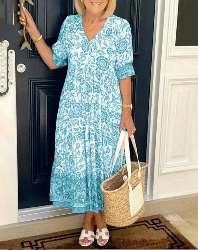 Women's V Neck Midi Dress – Light Blue