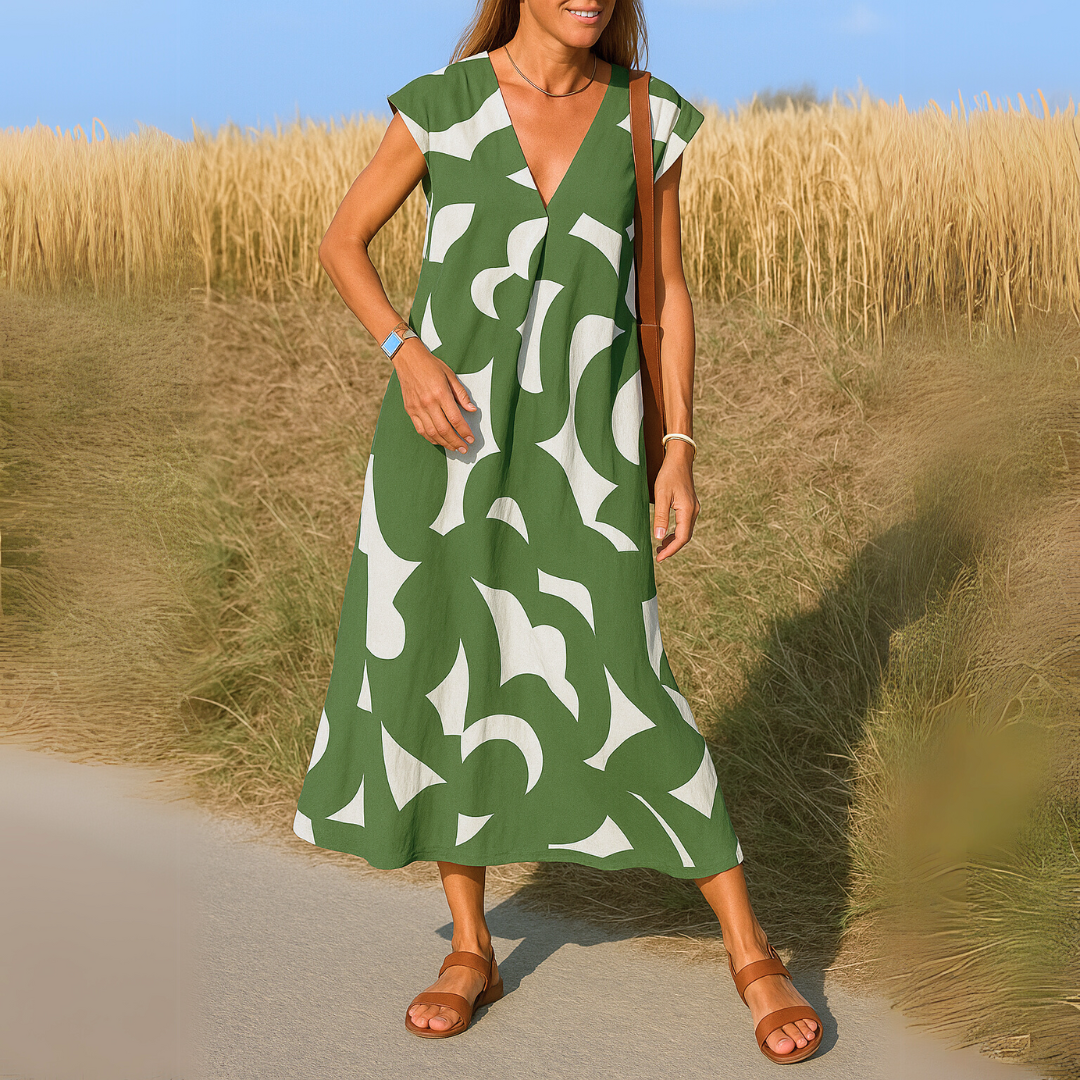 Women's V Neck Midi Dress – Green