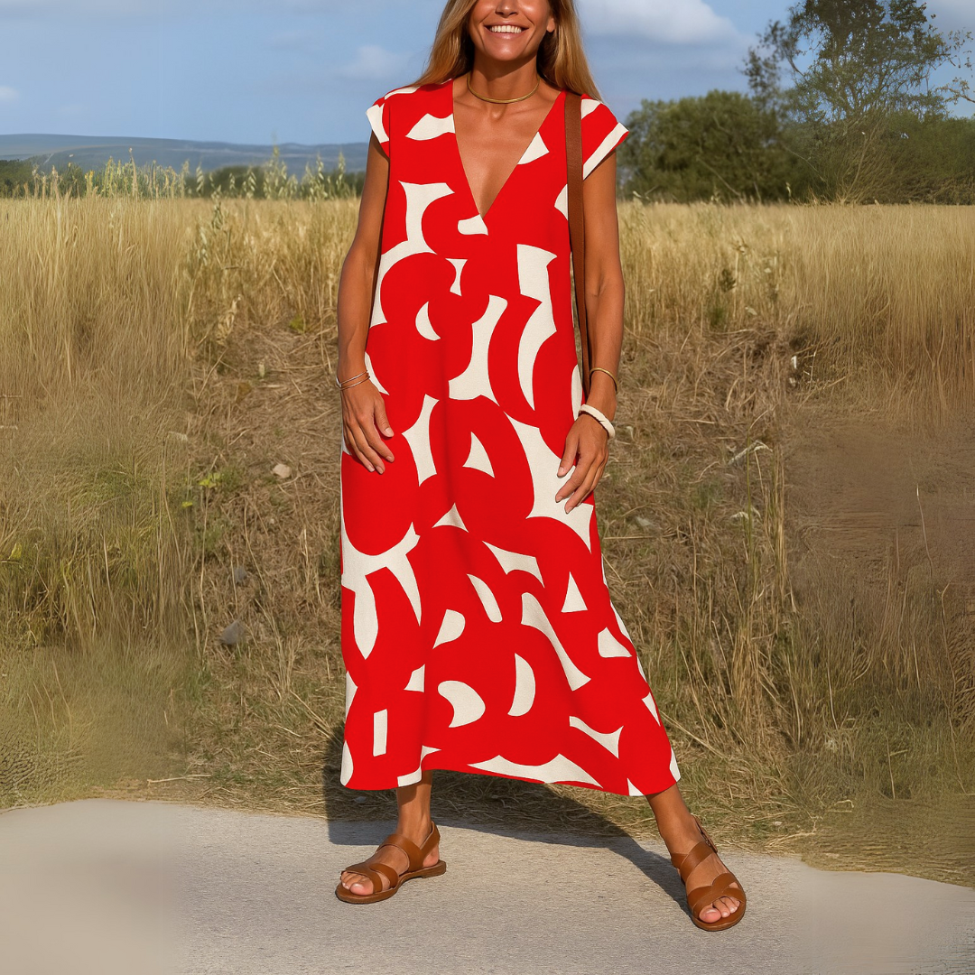 Women's V Neck Midi Dress – Red