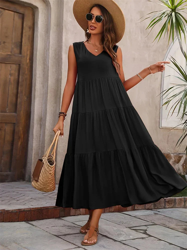Women's V Neck Maxi Dress – Black