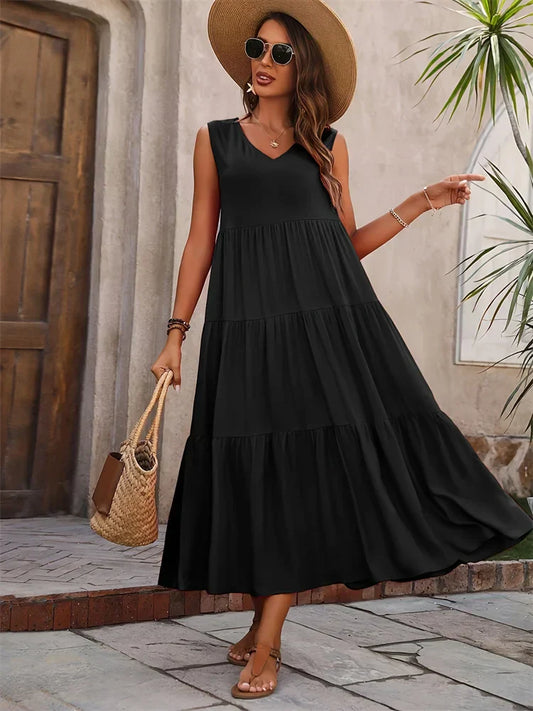 Women's V Neck Maxi Dress – Black