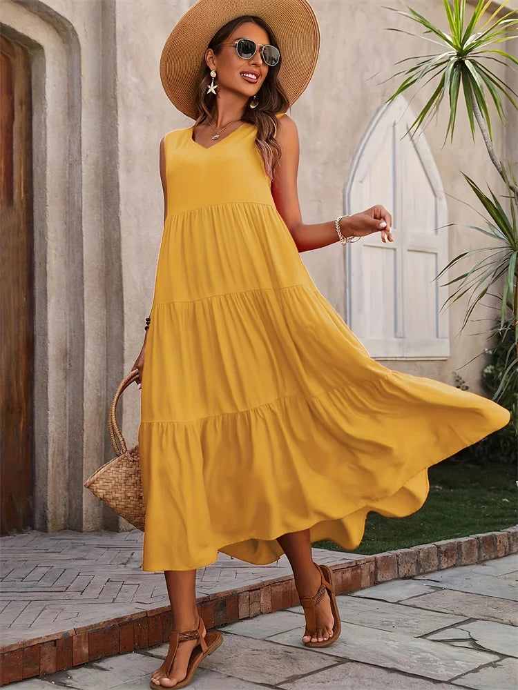 Women's V Neck Maxi Dress – Yellow