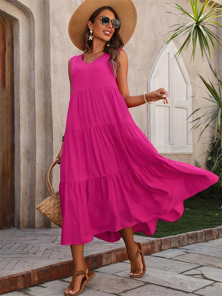 Women's V Neck Maxi Dress – Pink