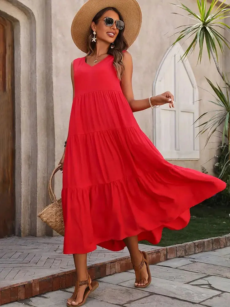 Women's V Neck Maxi Dress – Red