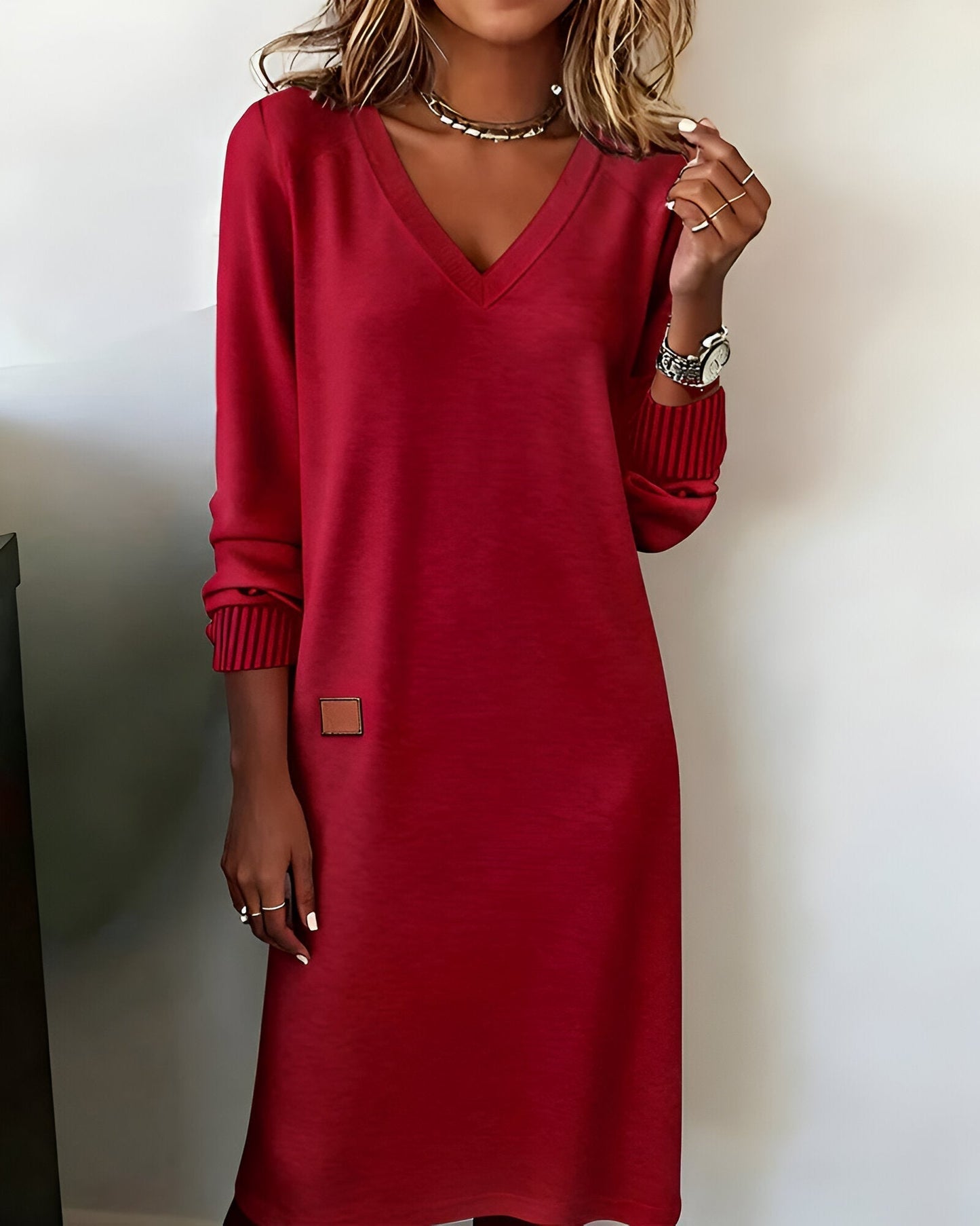 Women's V Neck Midi Dress – Red