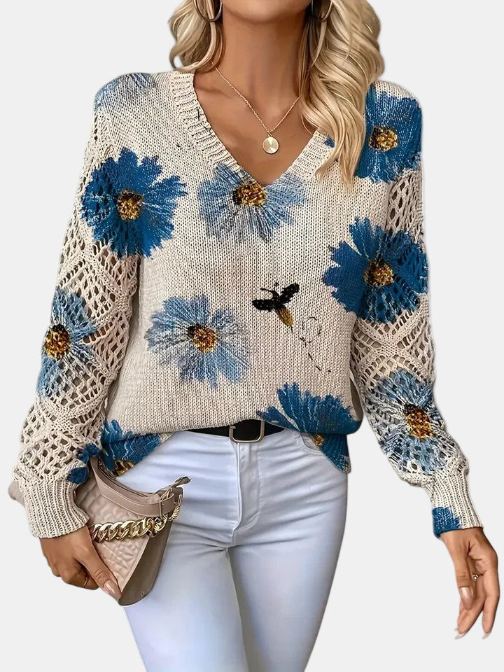Women's V Neck Long Sleeve Sweater – Blue