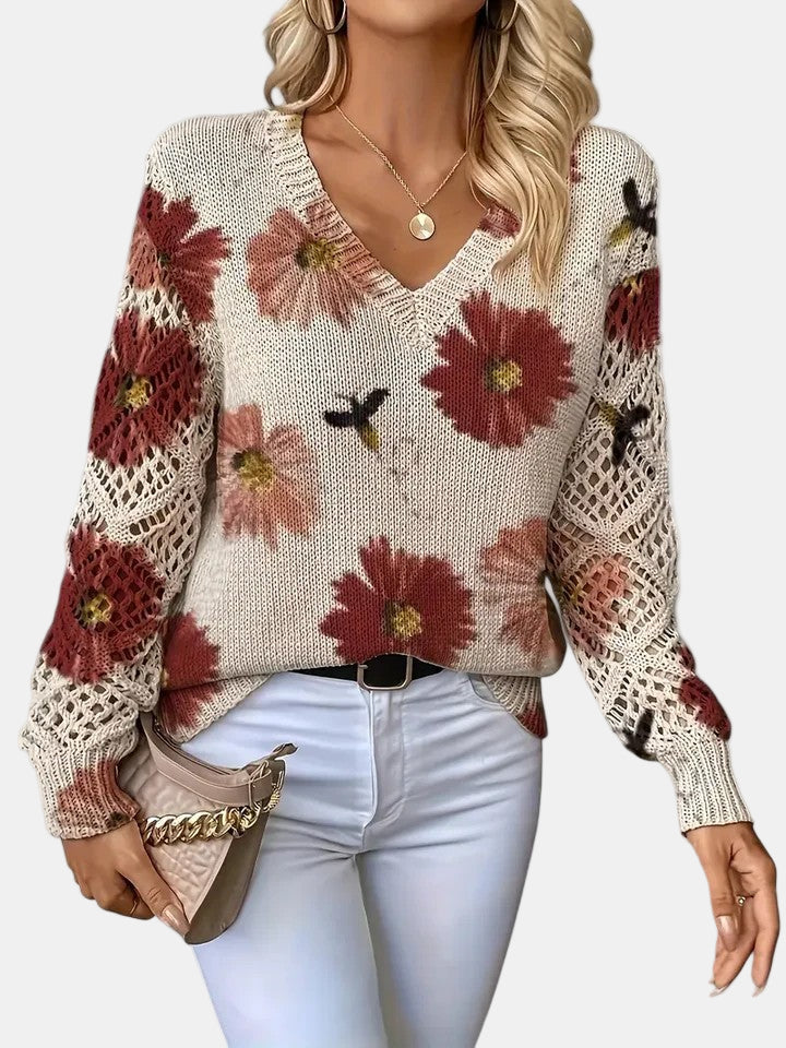 Women's V Neck Long Sleeve Sweater – Red