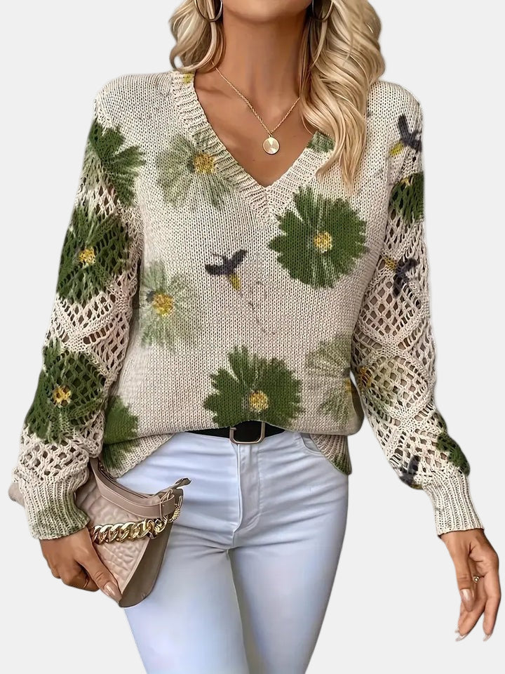 Women's V Neck Long Sleeve Sweater – Green