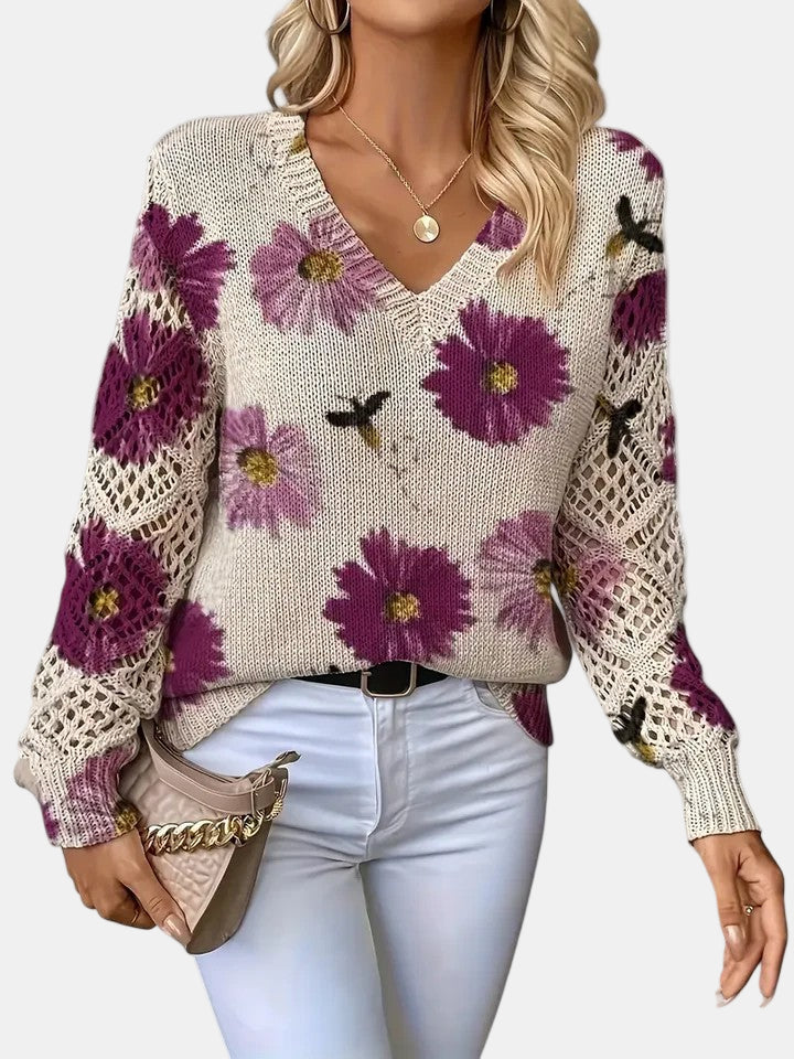 Women's V Neck Long Sleeve Sweater – Purple