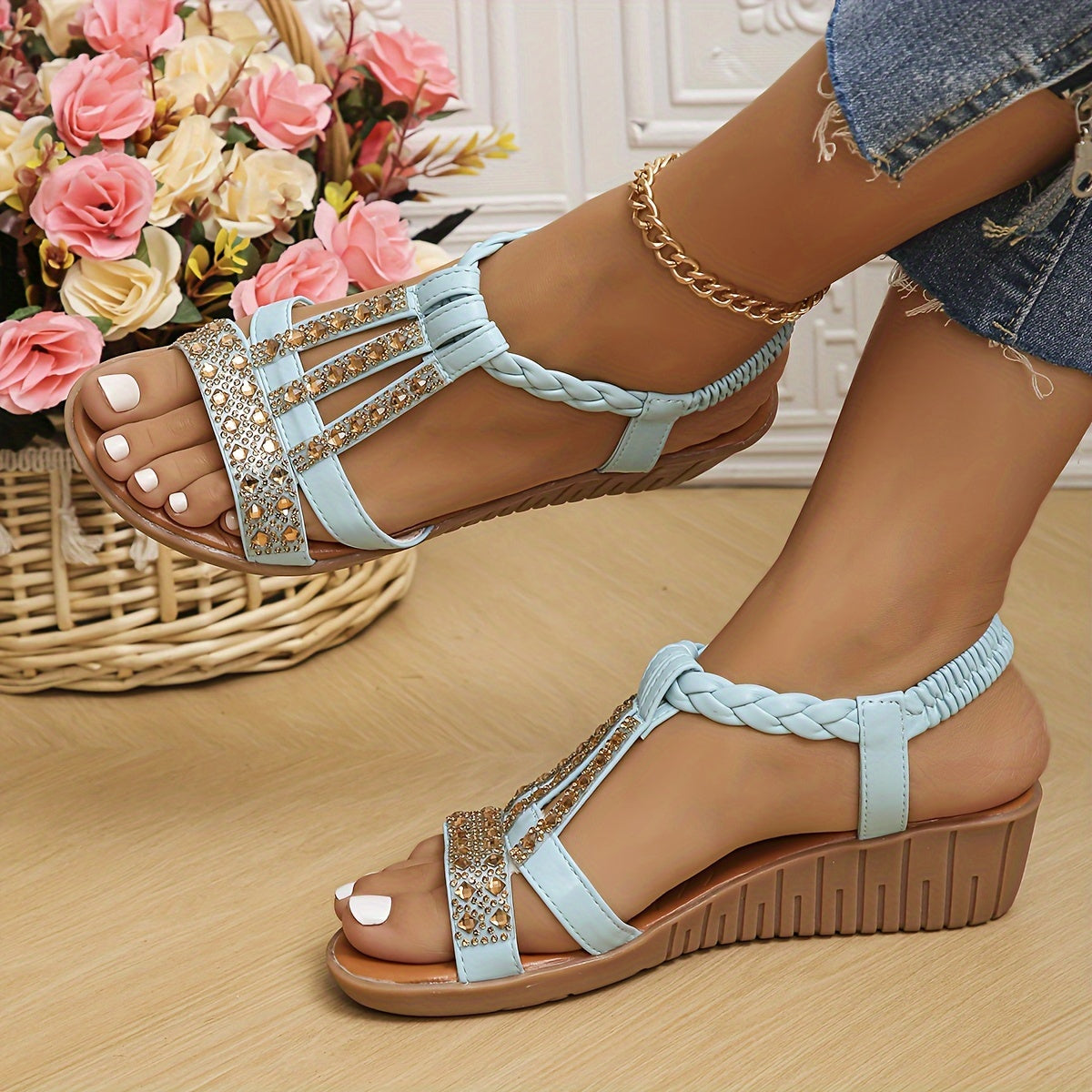 Women's Wedge Strappy Sandals – Light Blue