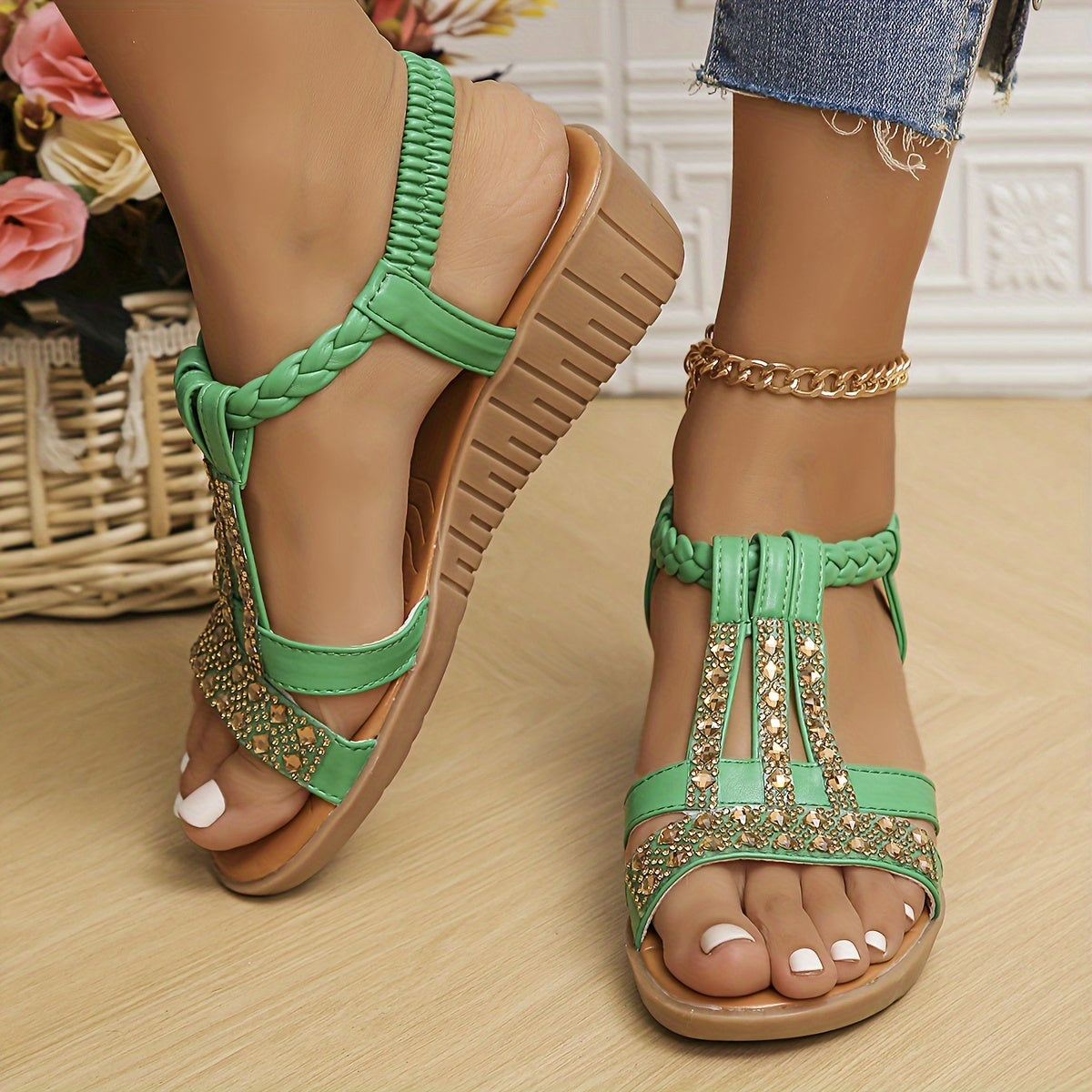 Women's Wedge Strappy Sandals – Green
