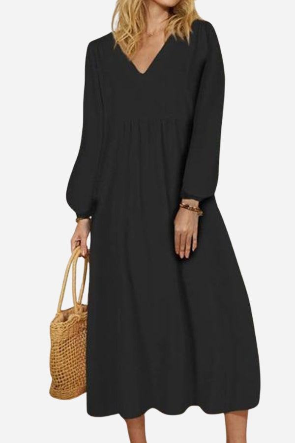 Women's V Neck Midi Dress – Black