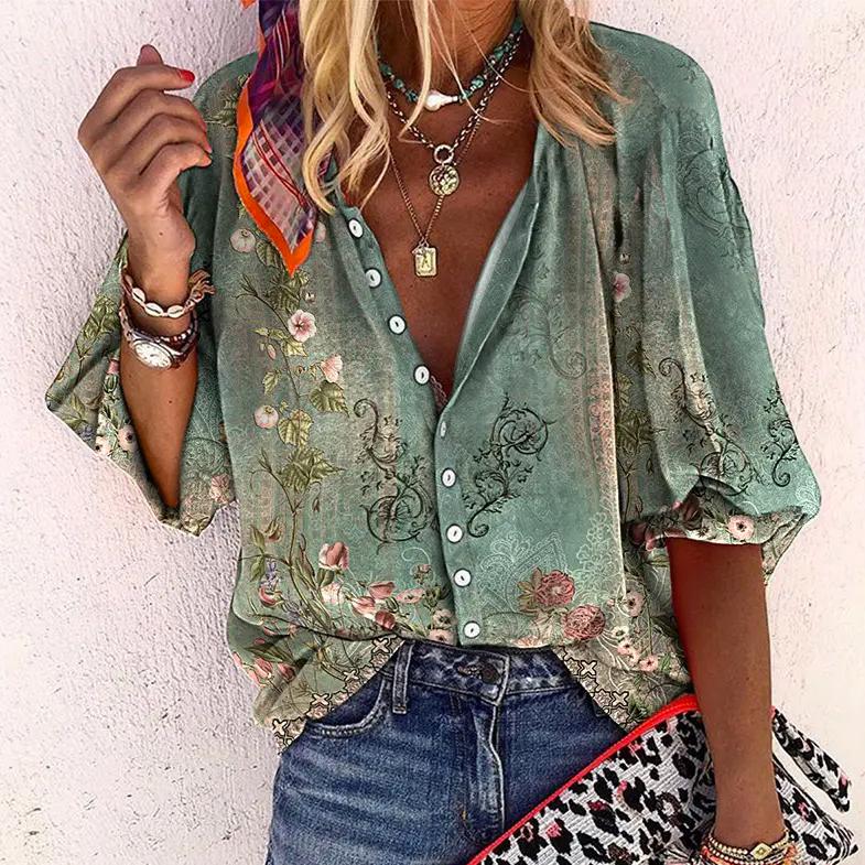 Women's V Neck Long Sleeve Blouse – Green