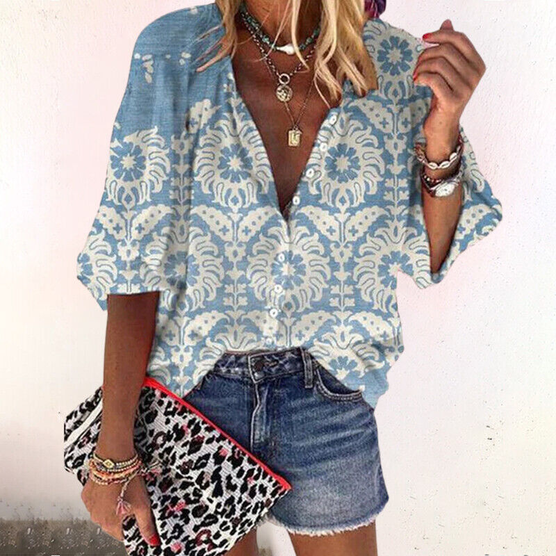 Women's V Neck Long Sleeve Blouse – Blue