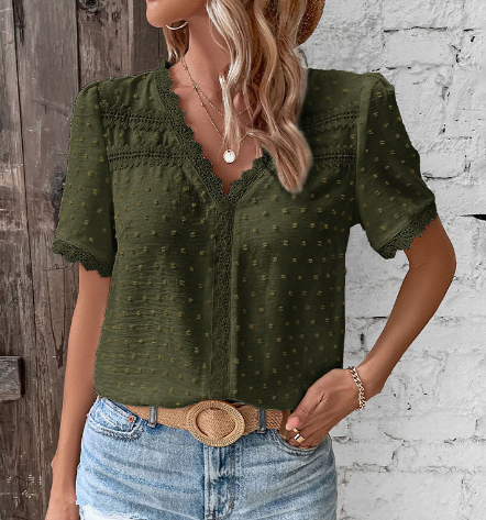 Women's V Neck Short Sleeve Blouse – Green