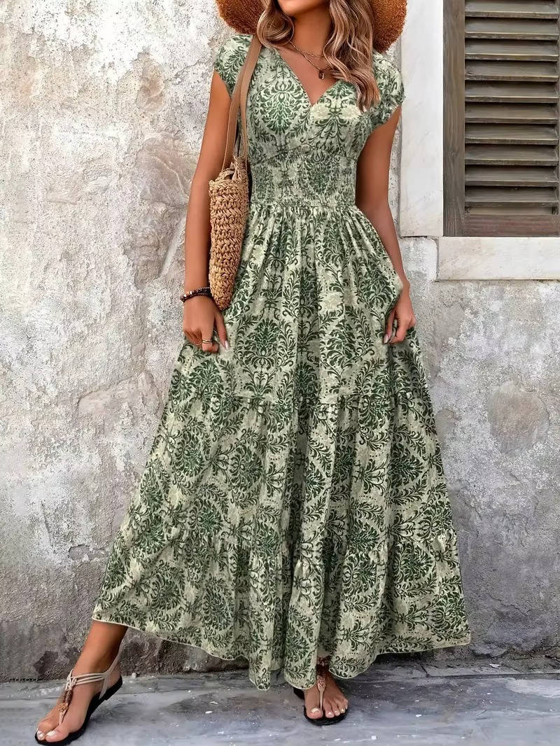 Women's V Neck Maxi Dress – Green