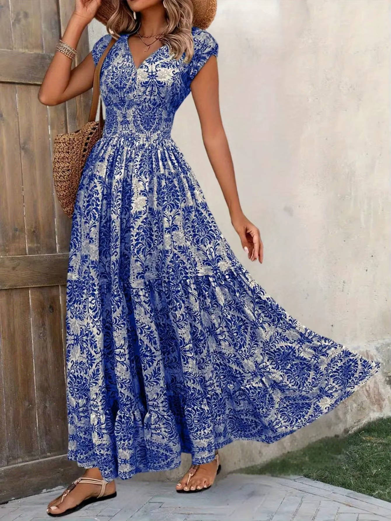Women's V Neck Maxi Dress – Blue
