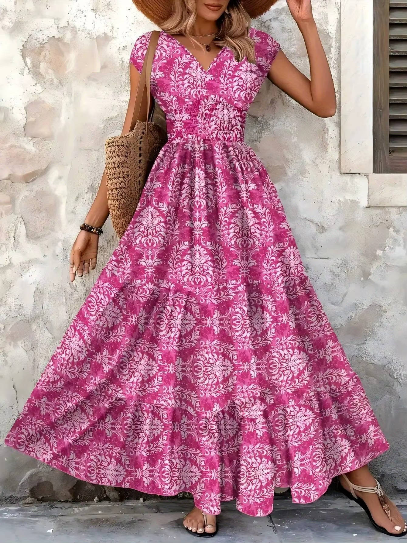 Women's V Neck Maxi Dress – Dark Pink