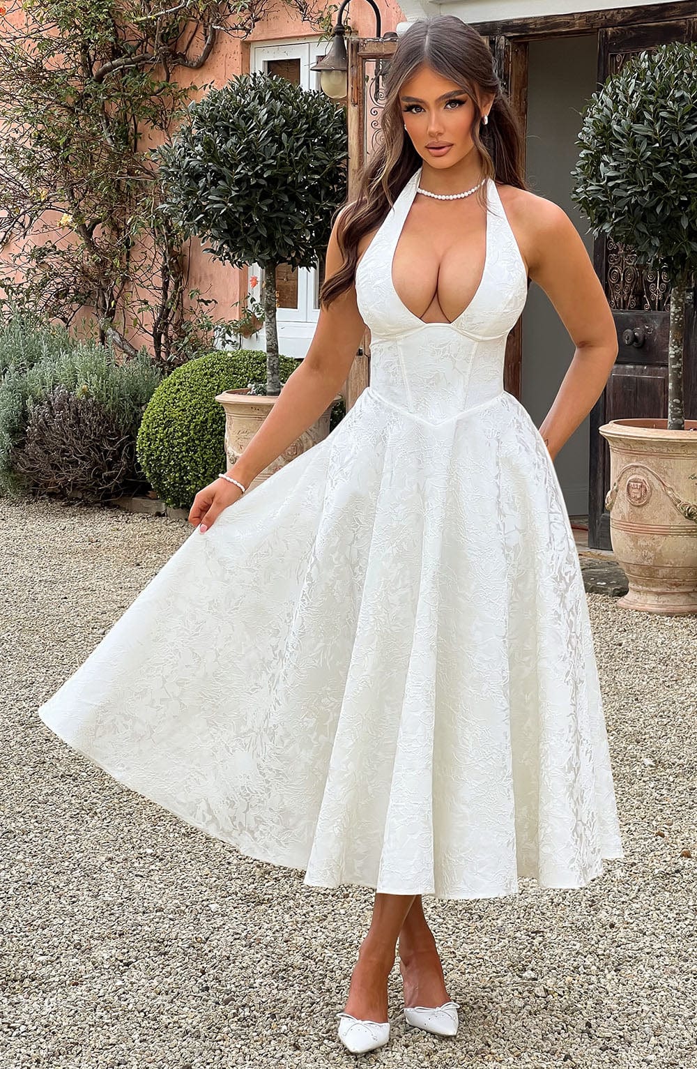Women's V Neck Midi Dress – White