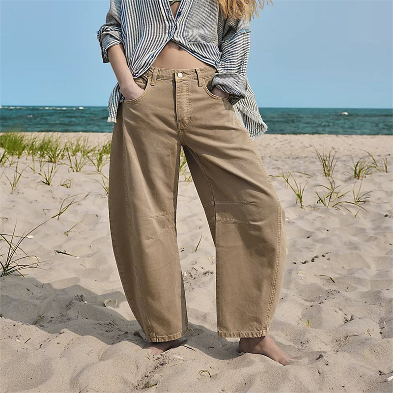 Women's Barrel Leg High Waist Jeans – Beige