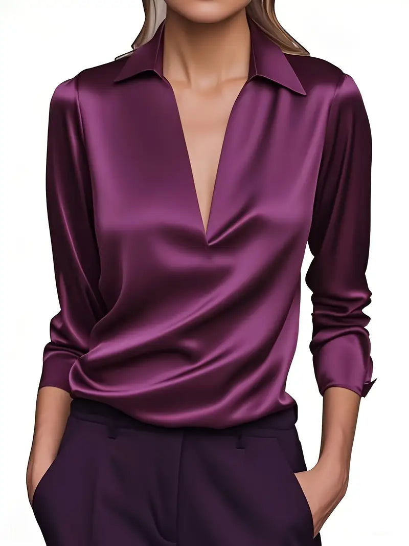 Women's V Neck Long Sleeve Blouse – Dark Purple