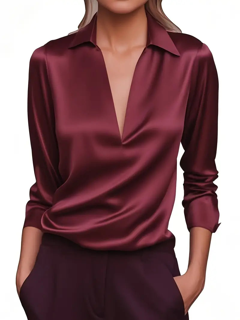 Women's V Neck Long Sleeve Blouse – Burgundy