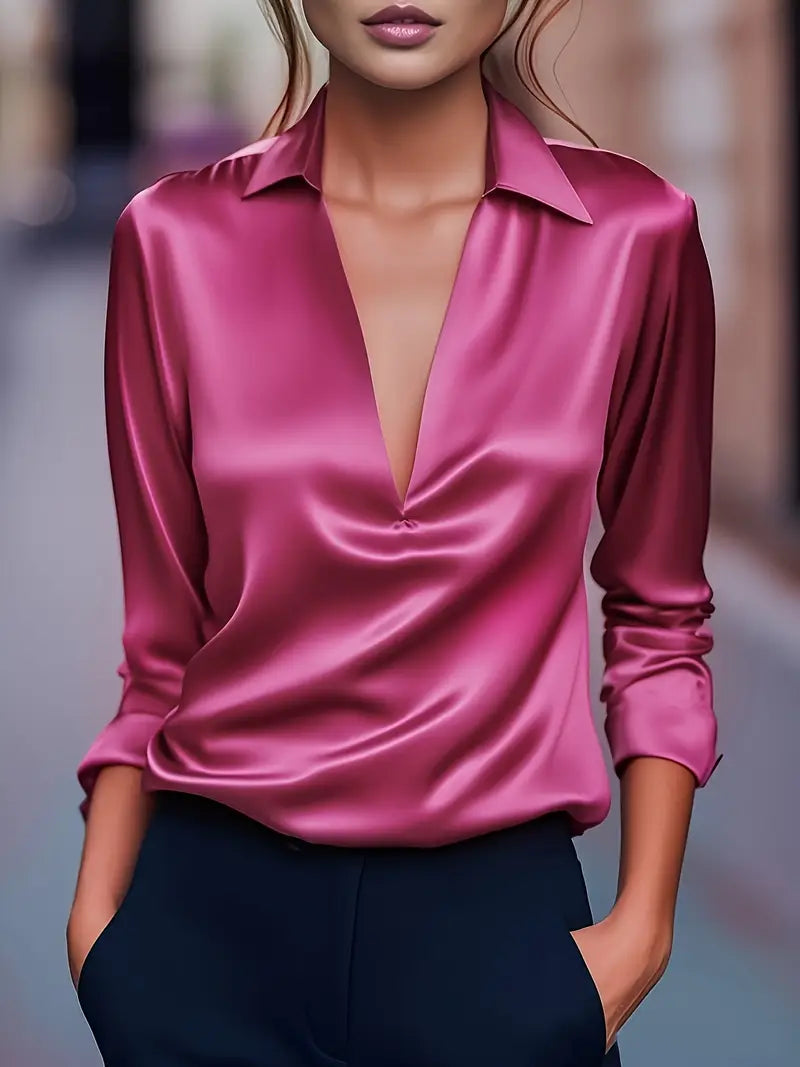 Women's V Neck Long Sleeve Blouse – Pink