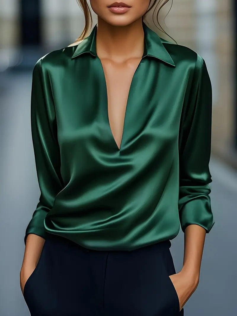 Women's V Neck Long Sleeve Blouse – Green