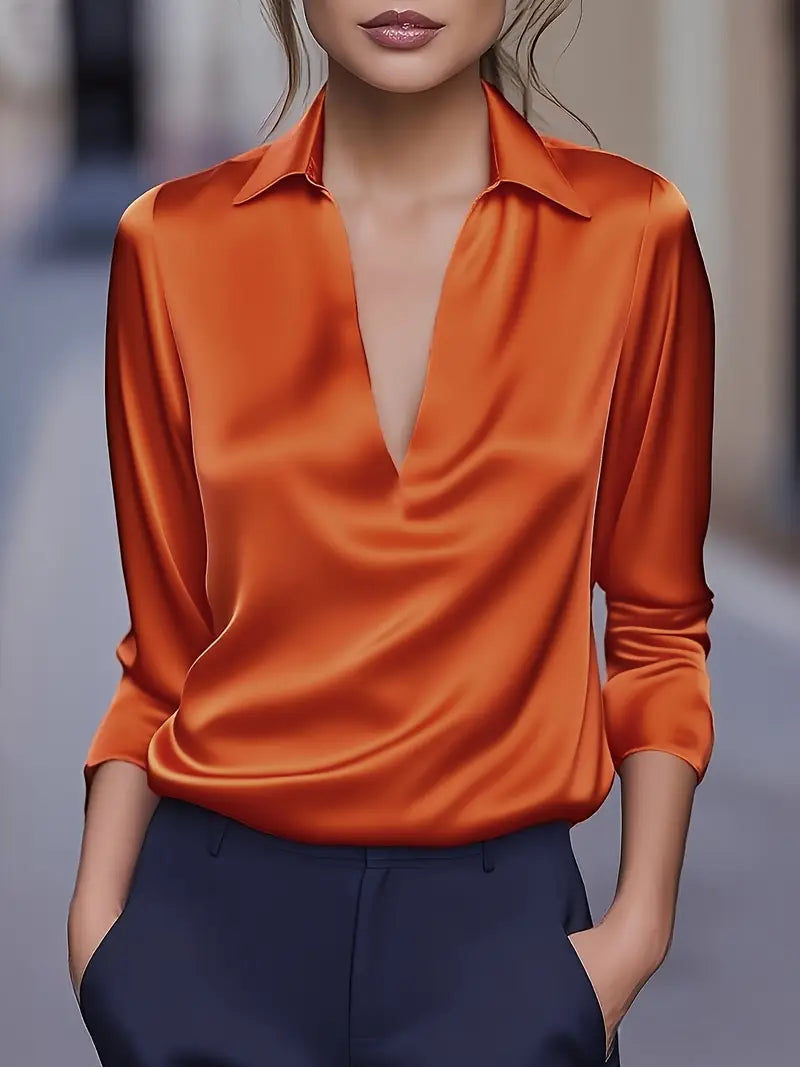 Women's V Neck Long Sleeve Blouse – Orange