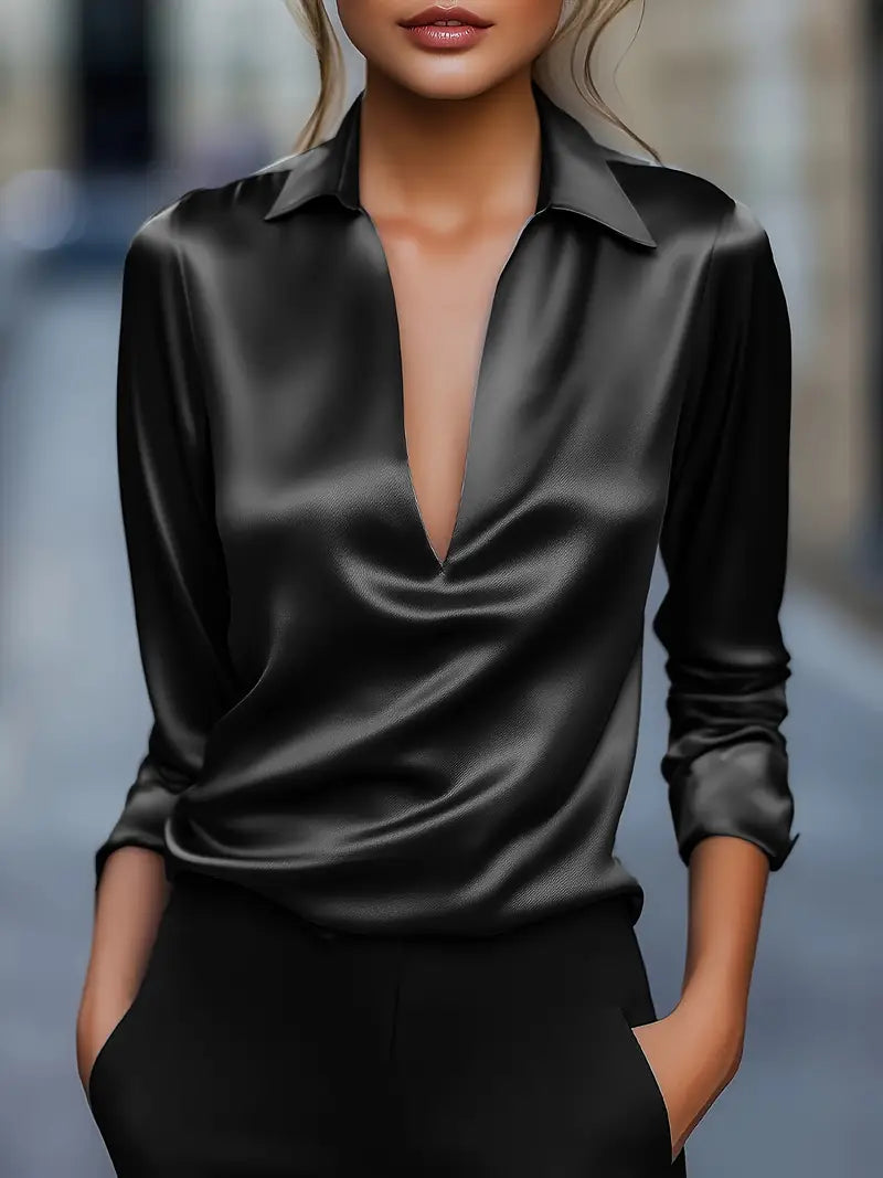 Women's V Neck Long Sleeve Blouse – Black