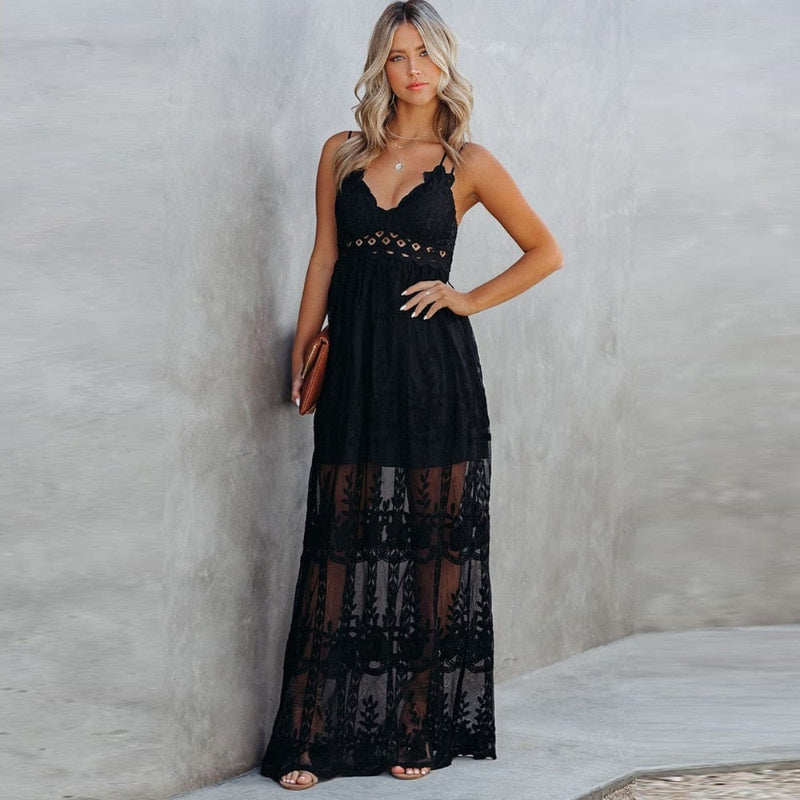 Hannah | Lace Strap White Maxi Dress