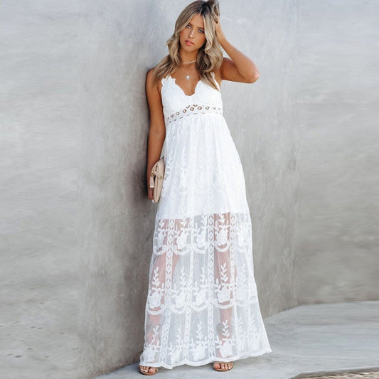 Hannah | Lace Strap White Maxi Dress