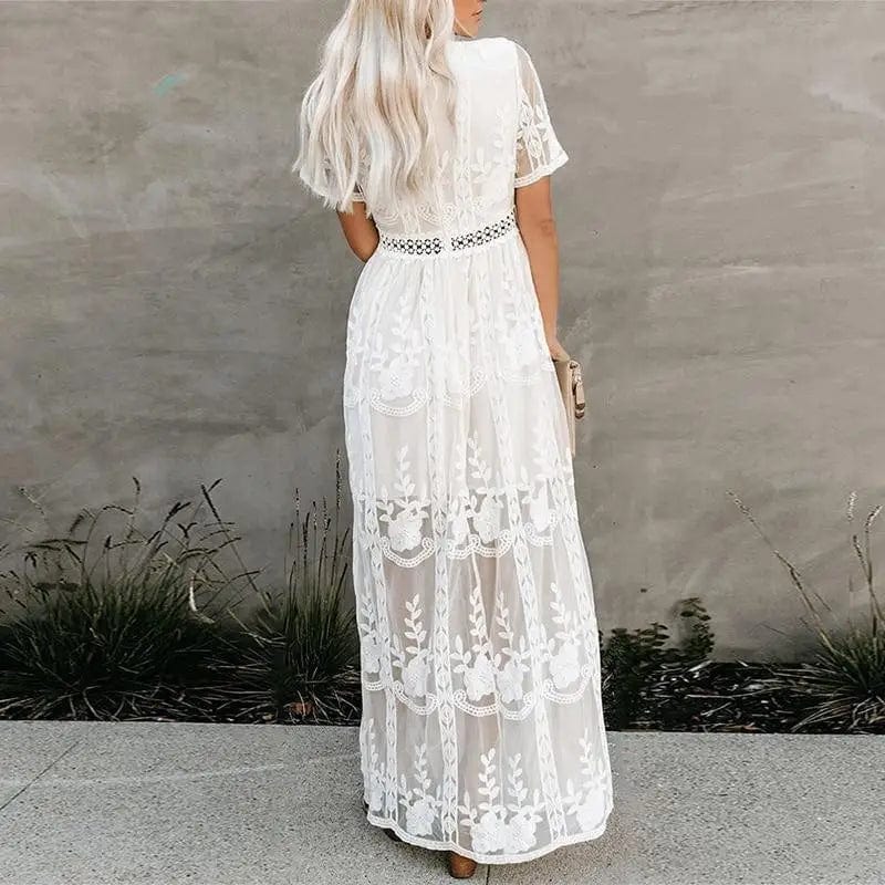 Natalie | Lace Sleeve White Maxi Dress