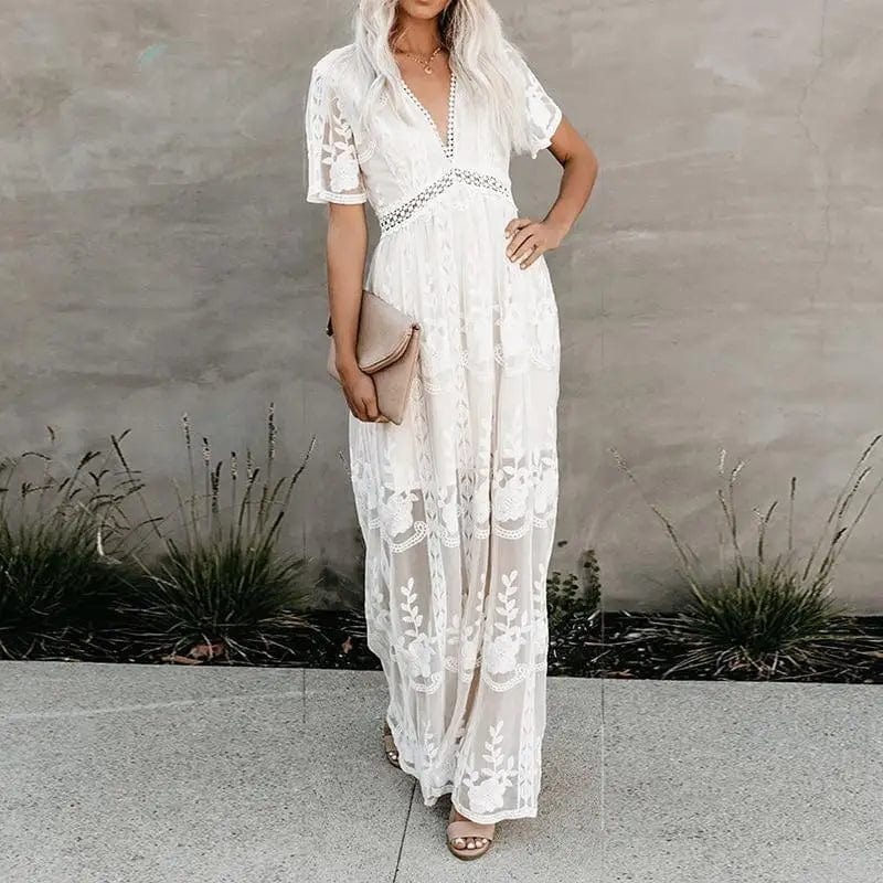 Natalie | Lace Sleeve White Maxi Dress