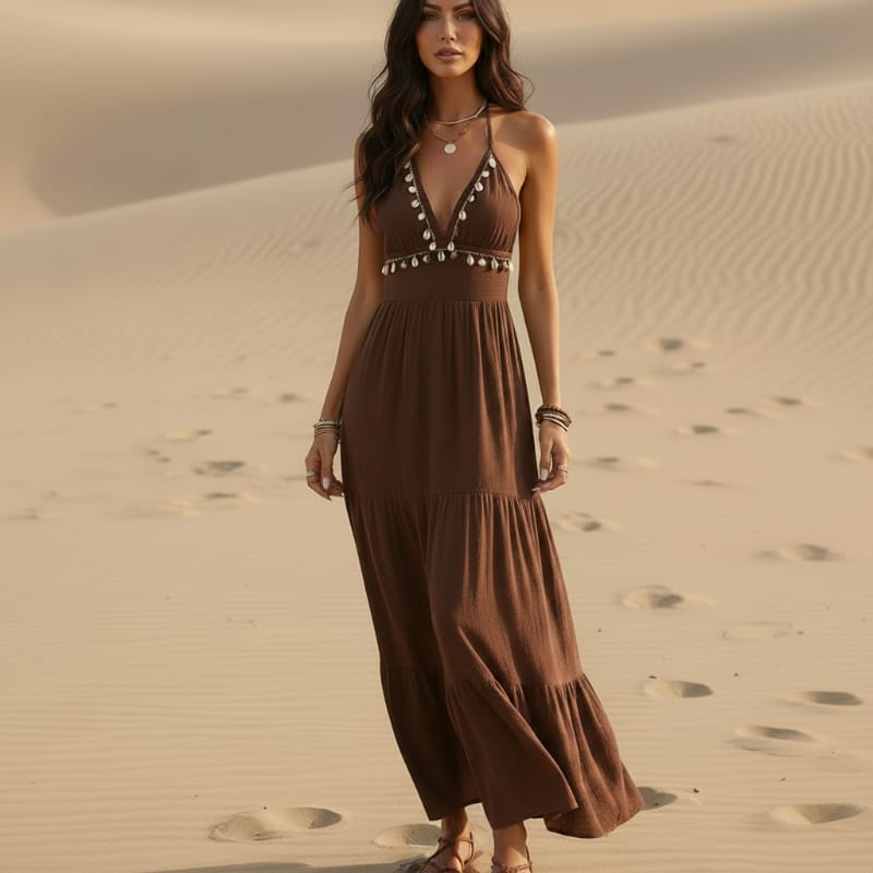 Women's V Neck Maxi Dress – Brown