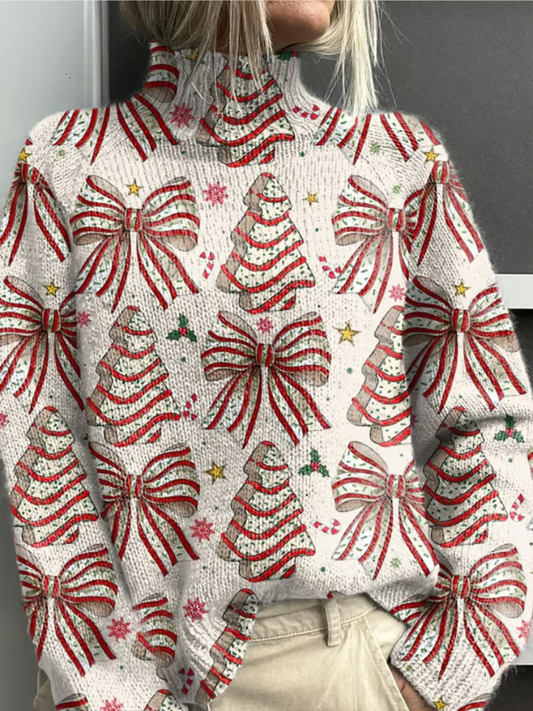 Women's Mock Neck Long Sleeve Sweater – White/red