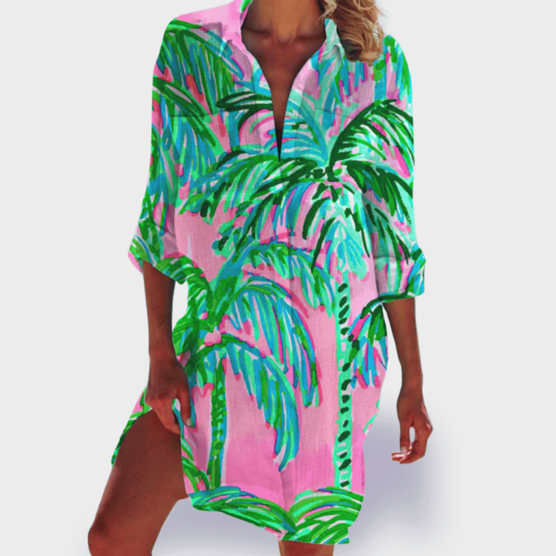 Women's V Neck Mini Dress – Pink/green
